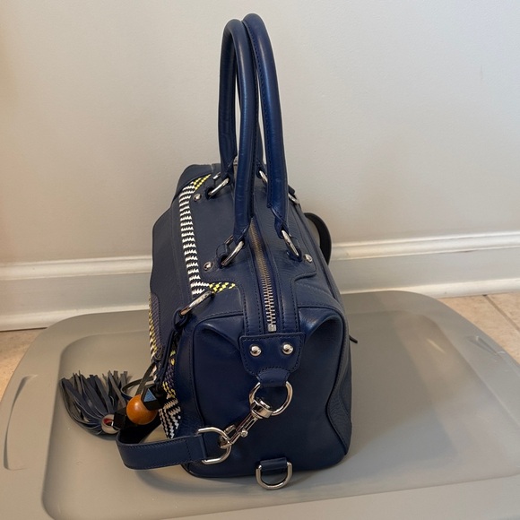 Rebecca Minkoff Navy Leather Satchel w/ Woven Panel & Tassel | Crossbody Bag - Picture 3 of 6